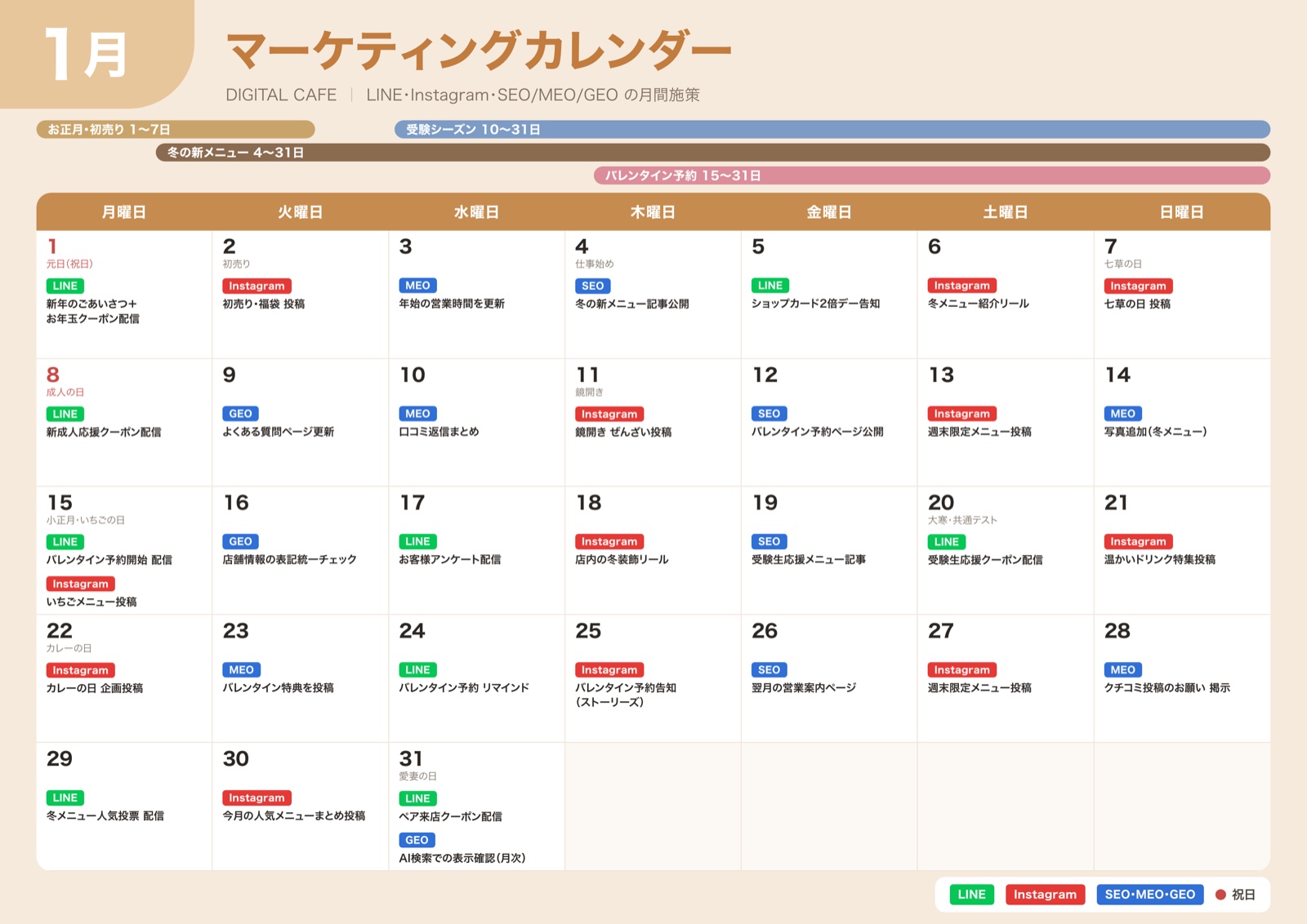 DIGITAL CAFEの1月のマーケティングカレンダー(導入イメージ)。毎日の施策がLINE・Instagram・SEO/MEO/GEOで色分けされている
